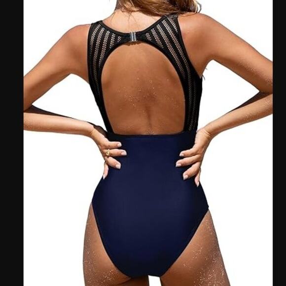 Cupshe Brand NWT Medium Black & Navy Tummy Control High Neck Mesh Back Swimsuit - Picture 1 of 6